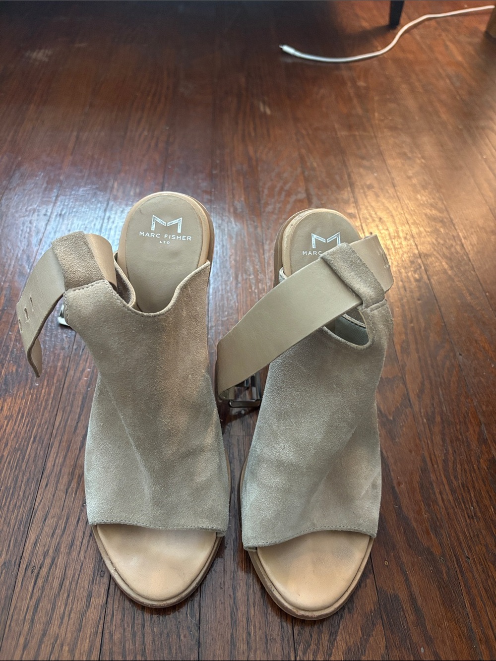 Marc Fisher Taupe Suede Open-Toe Mules with Cross Strap